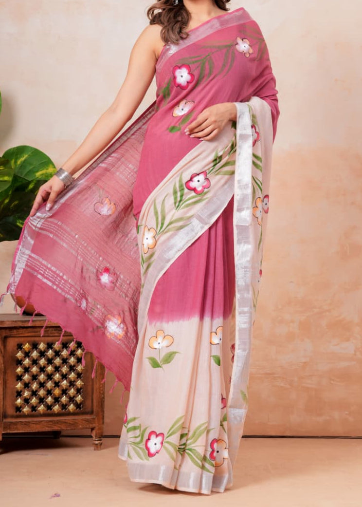 Pink Floral Linen Saree