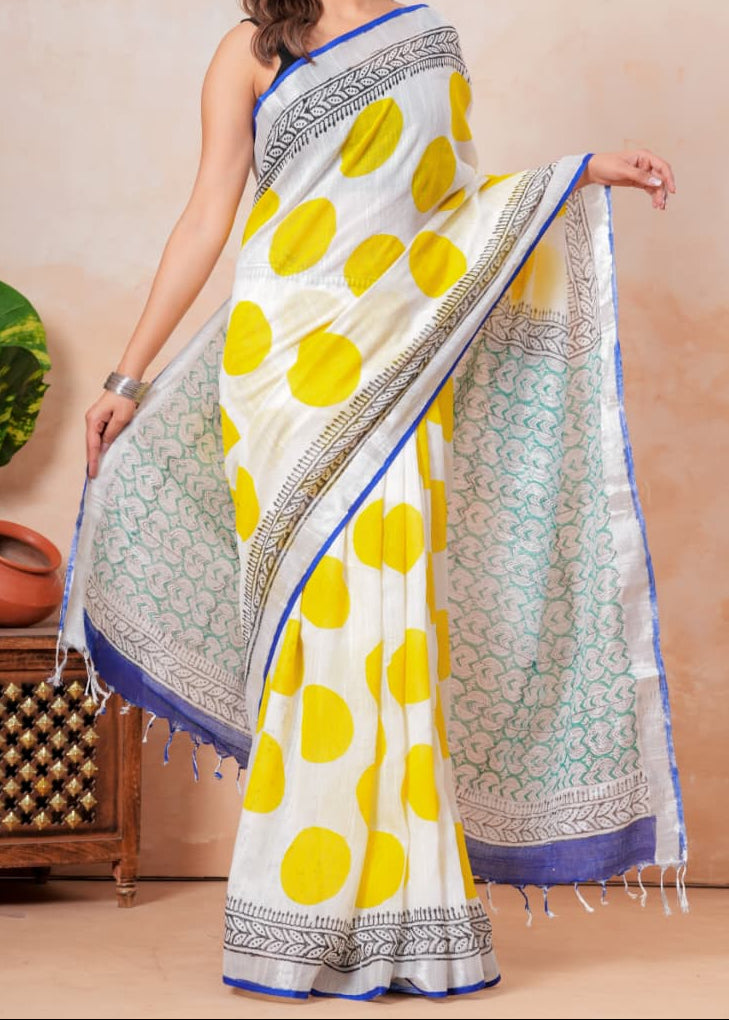 Yellow Polka Linen Saree
