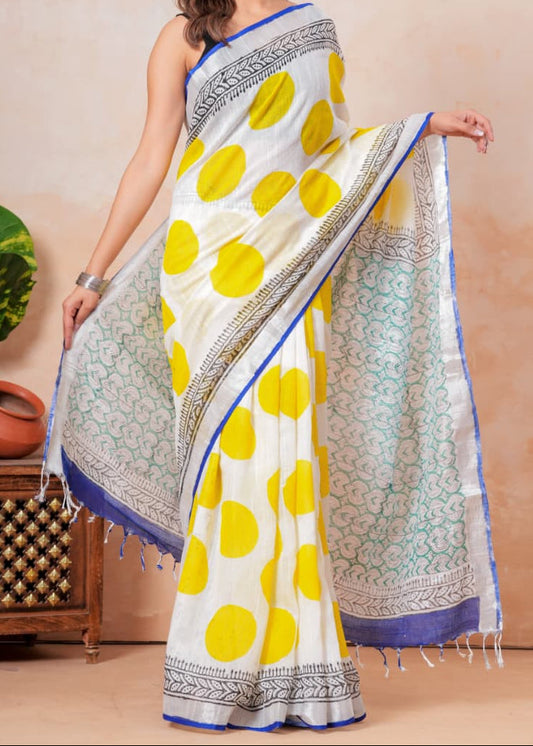 Yellow Polka Linen Saree