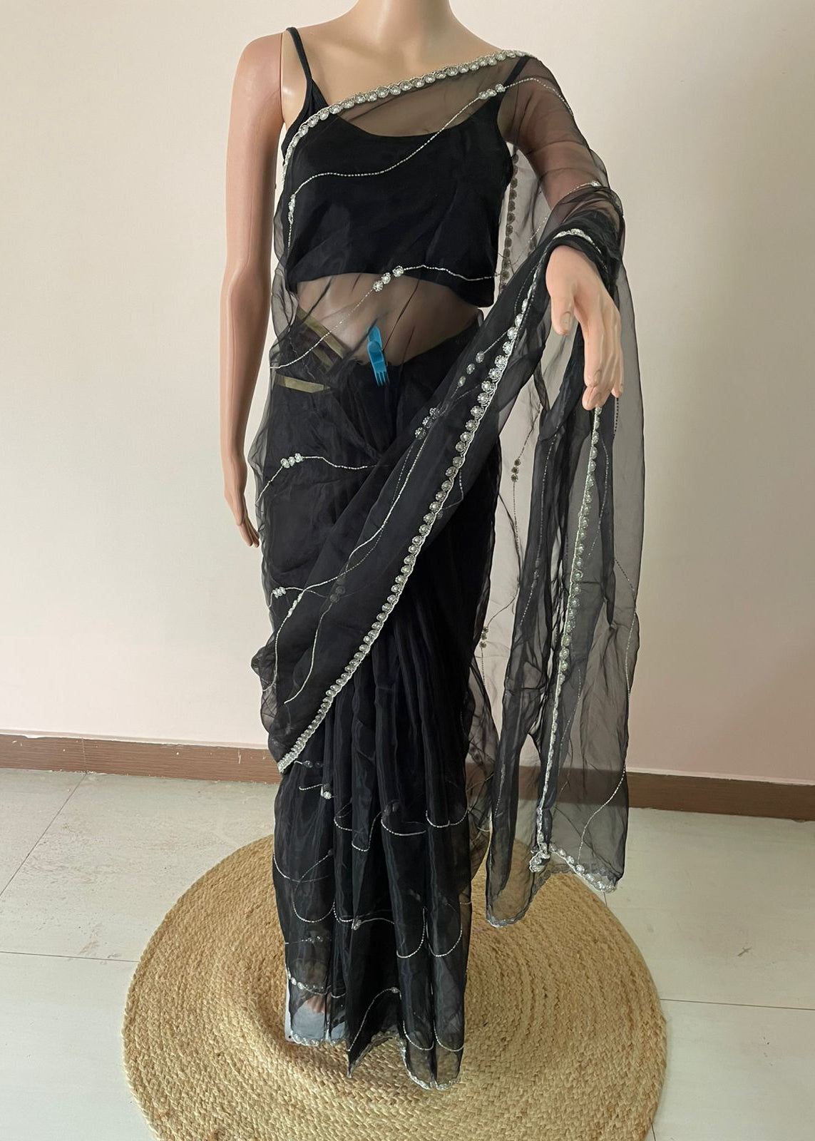 Black Pearl Glass Tissue Saree