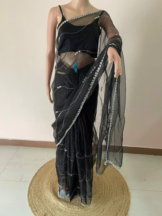 Black Pearl Glass Tissue Saree