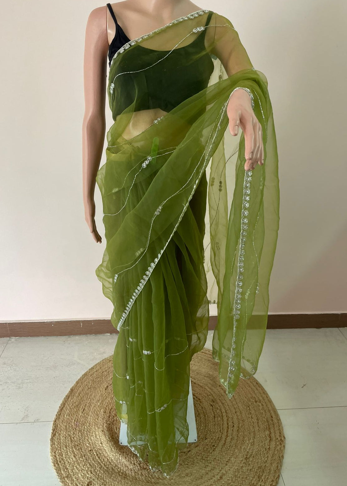 Green Pearl Glass Tissue Saree