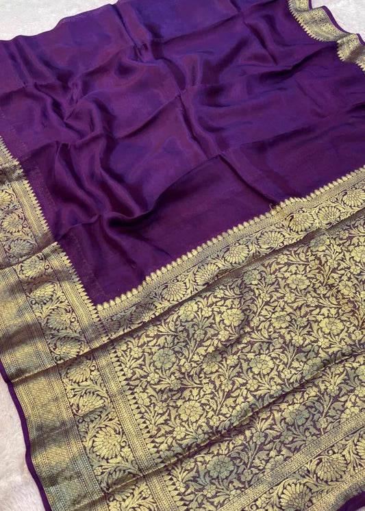 Purple Plain Gold Zari Saree