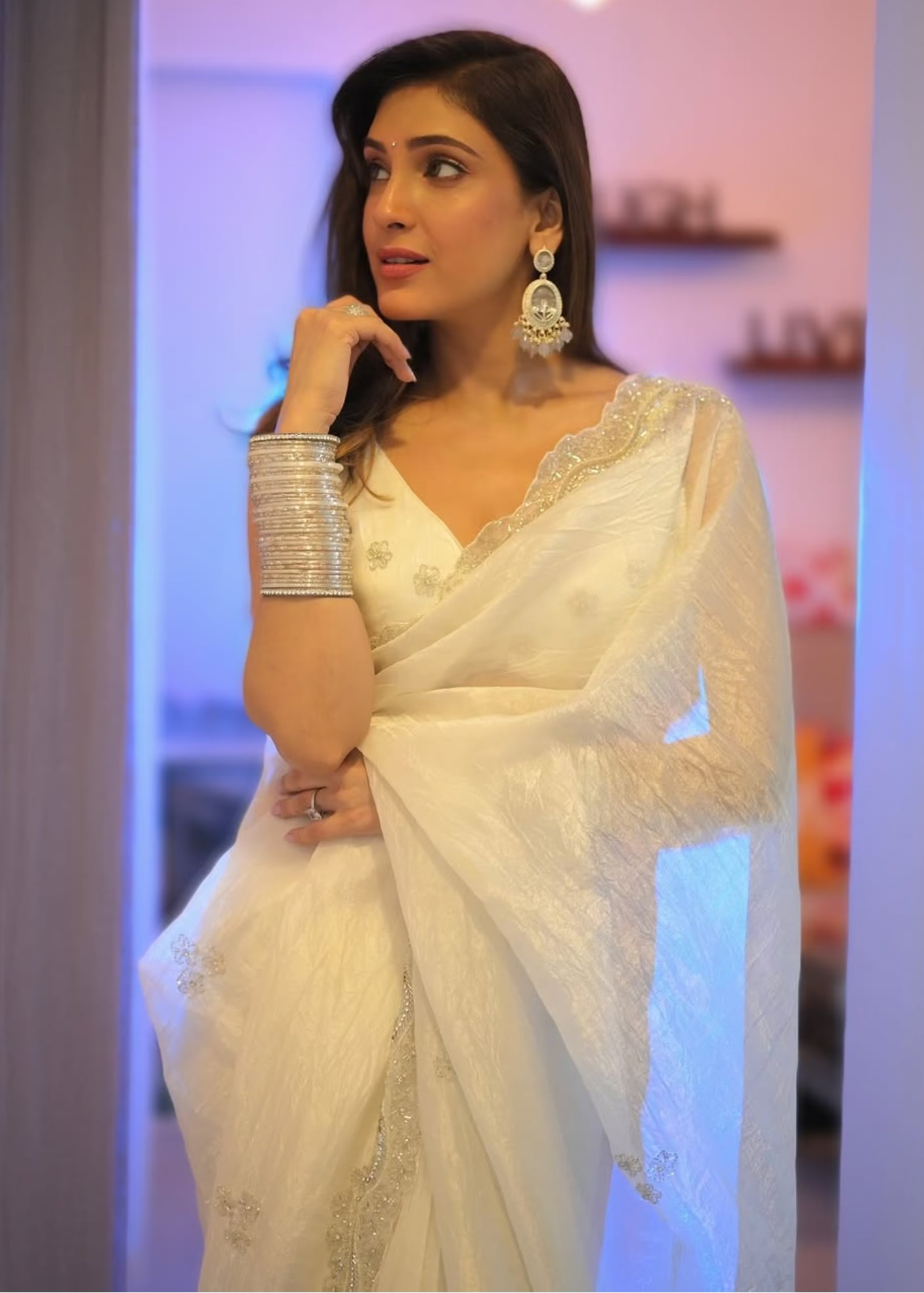 White Glitter Party Wear Saree